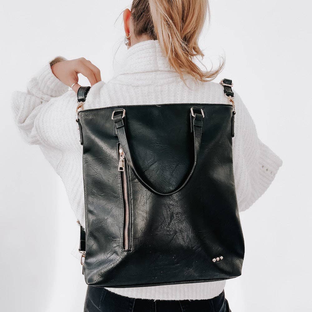 Vegan Leather Backpack & Crossbody Tote Bag: Black