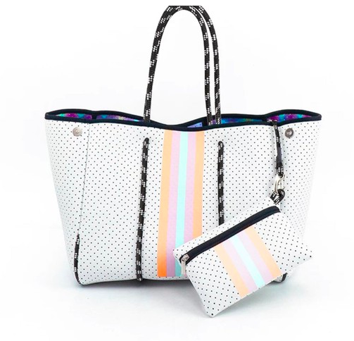 Neoprene White Tote with Pastel Stripe