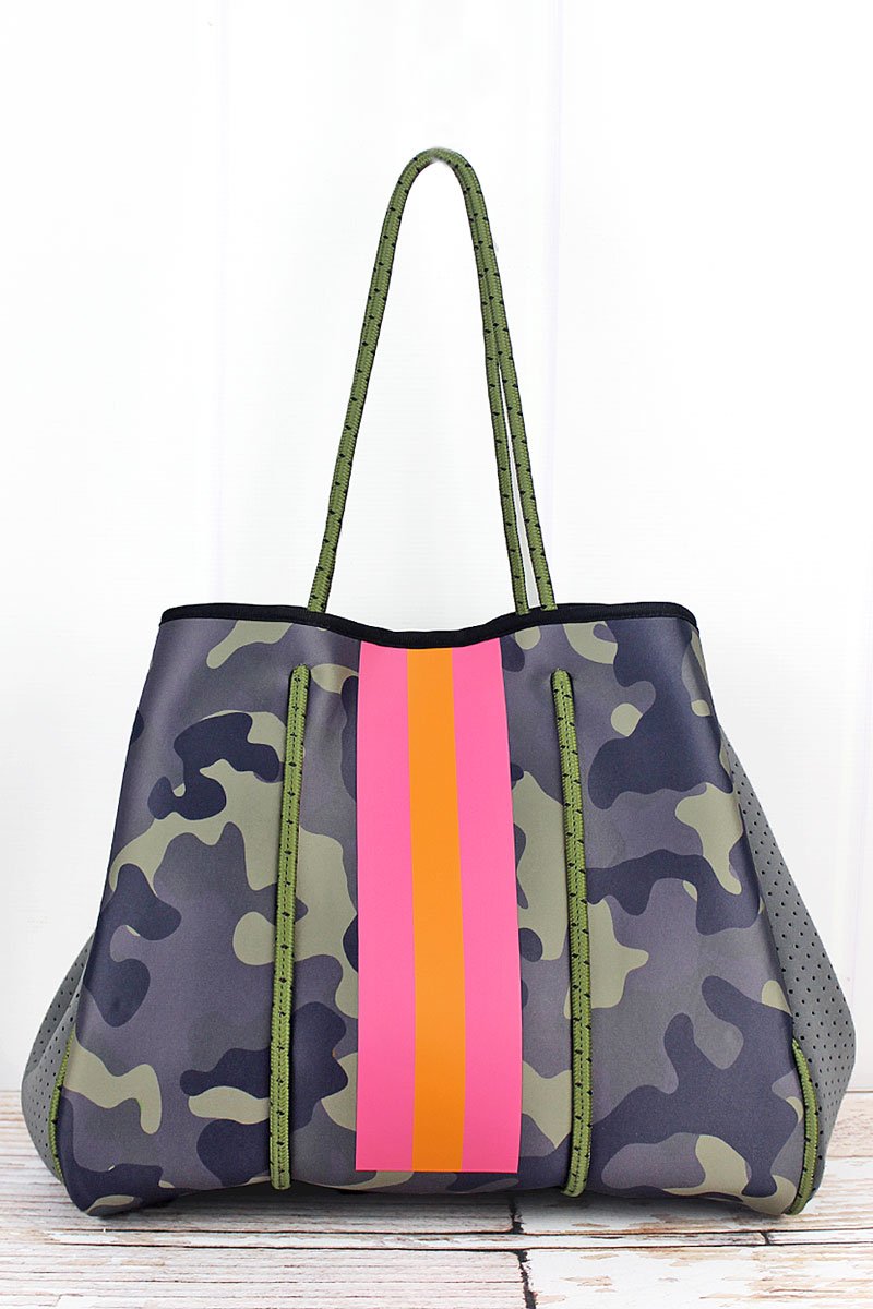 Neoprene outlets Tote: Green Pink