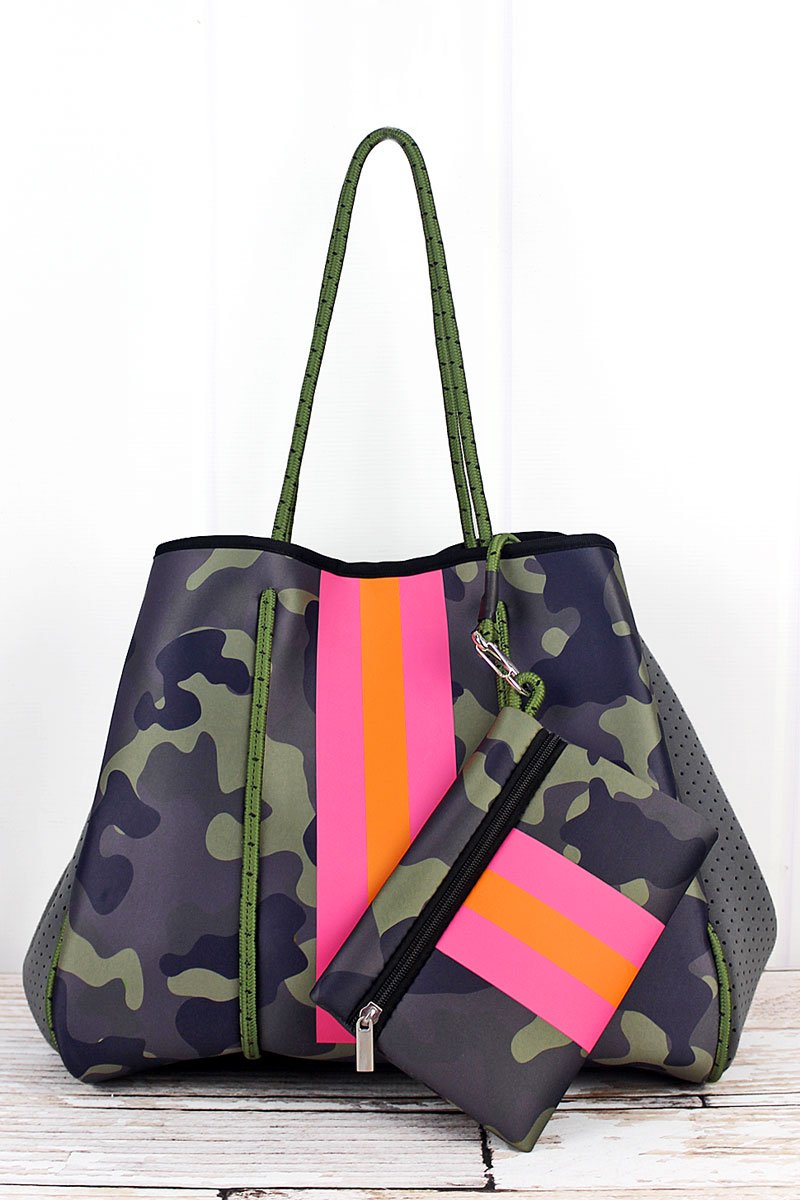 Neoprene Green Camo and Pink Tote Bag louie co