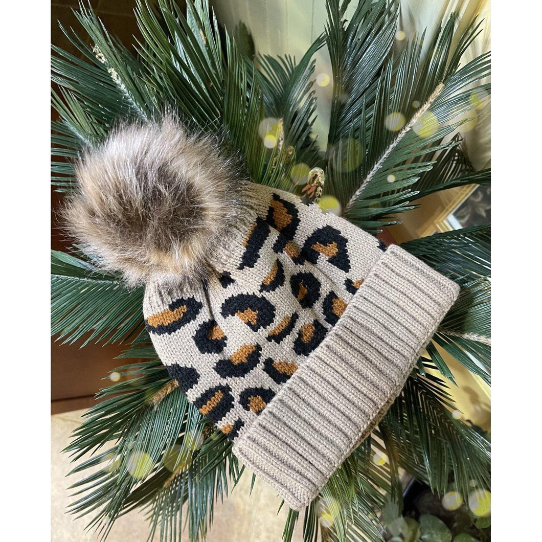 Leopard Pom Hat-Khaki